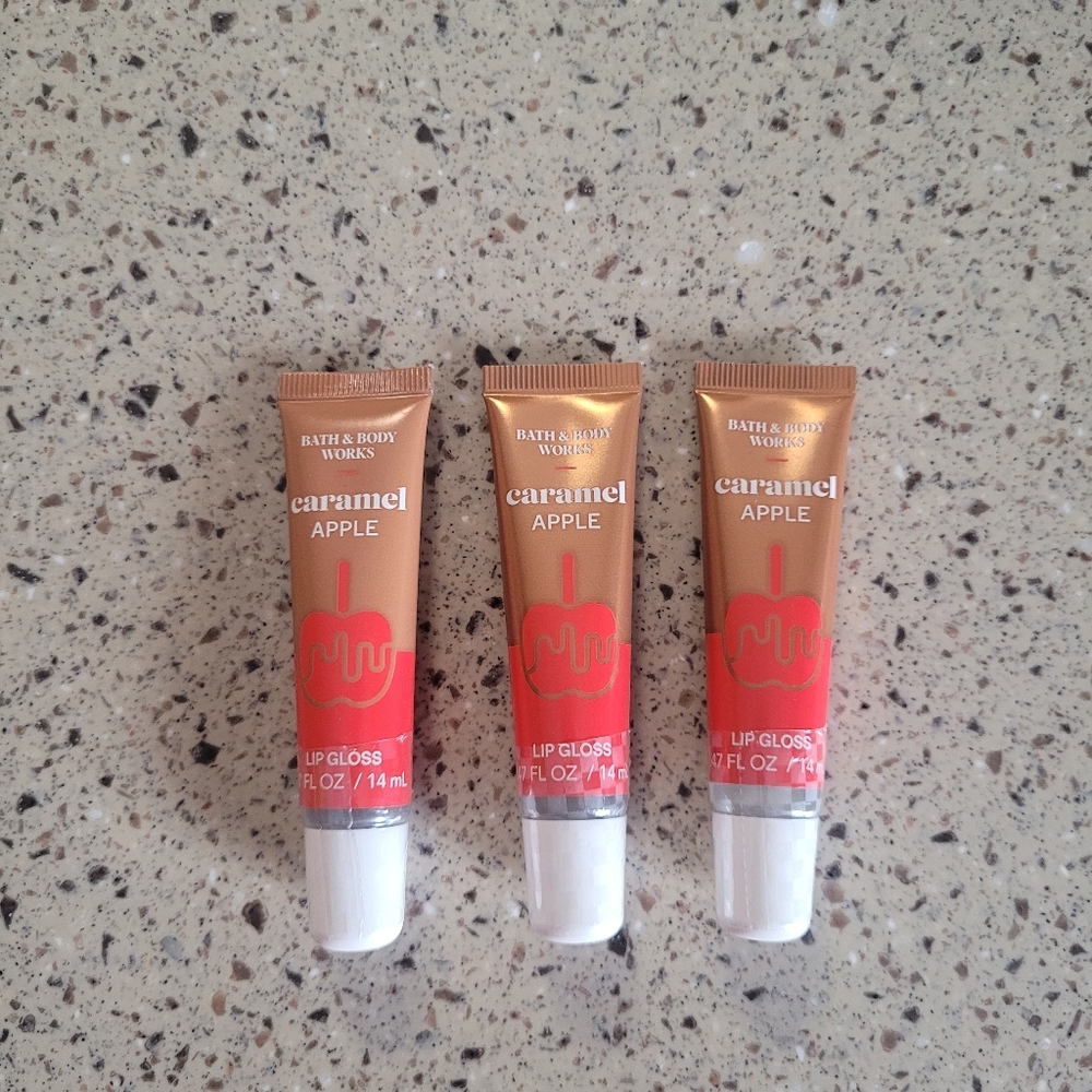 3 Bath & Body Works Caramel Apple Nourishing Lip Gloss .47 oz Each SEALED